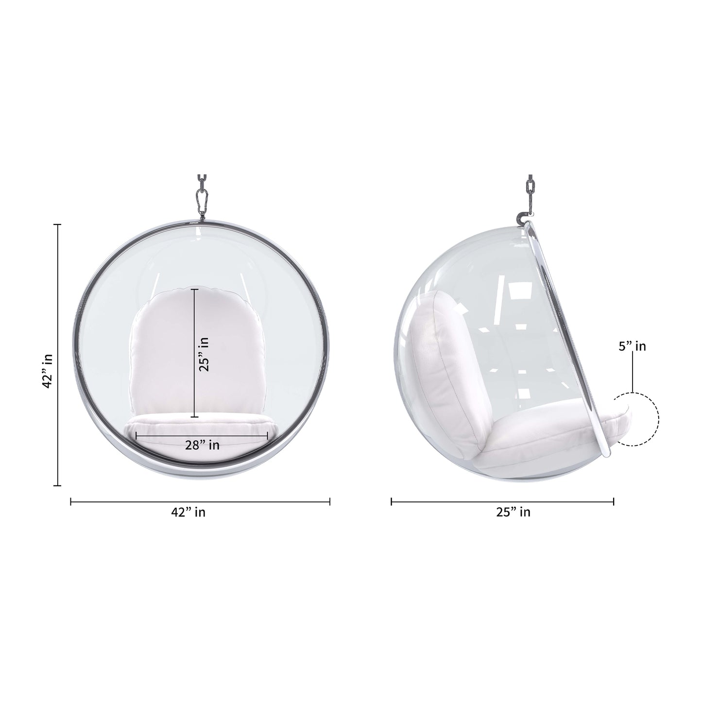 Hanging Bubble Chair, White Cushions