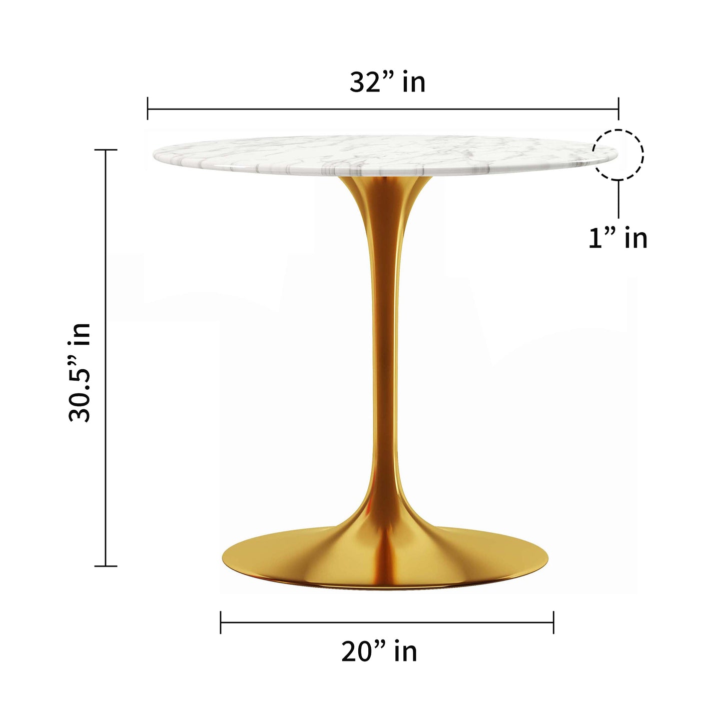 Rose 32" Round Marble Dining Table, Gold Base